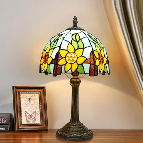 Hobaca 12 Zoll Tiffany Tulpe Blume Buntglas Tischlampe Vintage Landhaus Schreibtischlampe Antik Nachttischlampe Nostalgie Art Deco Schlafzimmer Wohnzimmer (8 Zoll Yellow)