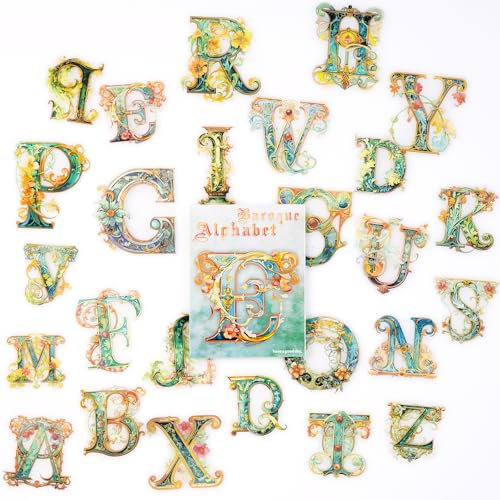 26 Stücke Barock Art Buchstabe Aufkleber, Grüner Brief Scrapbook, PET Transparente Dekoration für Reisekoffer, Laptop, Planer, Kalender, Scrapbook, Koffer, Notizbücher, Journal
