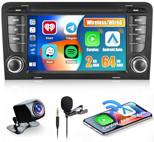 2+64GB Android Radio de Coche Carplay para Audi A3 8P S3 RS3 Sportback 2003-2012 Pantalla Táctil 7 Pulgadas con Navegación GPS, Wireless Android Auto, Bluetooth, FM RDS, Cámara Trasera