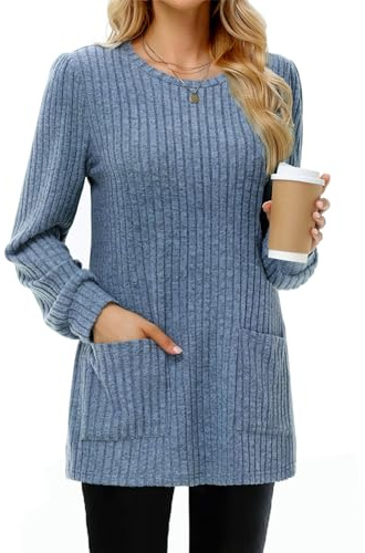Tanmolo Suéter Mujer Largo Ligero con Bolsillos Cuello Redondo Manga Larga - Jersey Básico de Punto Suave para Otoño Invierno Primavera