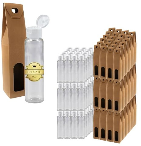100 Reiseflaschen 75 ml aus Kunststoff mit Flip-Flop-Verschluss und Box – Flaschen für Kosmetik, Lotion, Shampoo, Duschgel, Proben, Geschenke