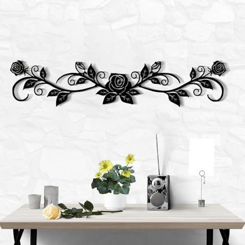 Large Metal Rose Wall Decor,Long Iron Scroll Vine Wall Art Above,Rustic Metal Leaf Wall Hanging Sign,Metal Flowers Sculpture for Above Door Living Room Office Indoor and Outdoor Decoration