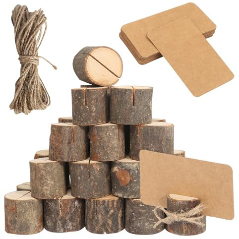 30 Pièce Porte Carte en Bois Porte Menu Mariage Support Menu avec 30 Cartes Papier + 10m Corde Jute Marque Place Bois Stands en Bois Naturel Support Porte Nom Table pour Mariages Restaurants Banquets