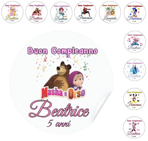 50 Etichette Tag adesivi Personalizzati Chiudipacco Sacchetti Compleanno Bambini Dopofesta Catoni Bomboniere Scatoline Portaconfetti dopo Festa (Masha e Orso)