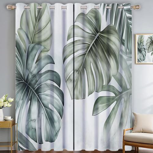 SMBHIAON Tropische Blätter Verdunklungs Vorhänge, Schlaufen Gardinen Monstera Palmblätter Lärmschutzvorhang, Blickdicht Gardienen, H137 × B117 cm (2er Pack)