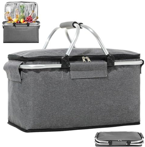 18L Einkaufskorb Kühltasche：Einkaufskorb Isoliert,kühltasche faltbar,Gepolsterte Stützstange,Einkaufskorb mit Deckel,KüHltasche Picknickkorb für Camping Picknick Reisen Innenbeutel(Gray)