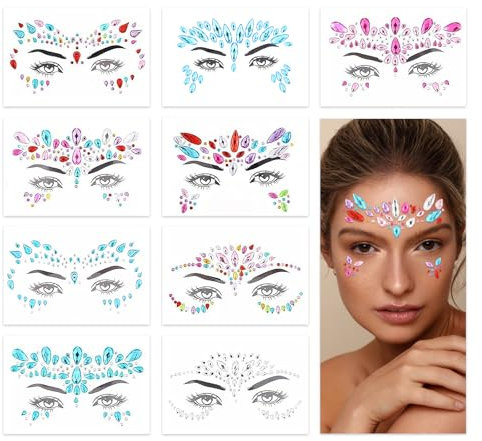 BOBOPACK 9 Stück Glitzersteine Selbstklebend, Glitzersteine Gesicht, Strasssteine Gesicht, Gesicht DIY Dekoration Aufkleber Geeignet für Musikfestivals, Partys, Urlaub Make-up