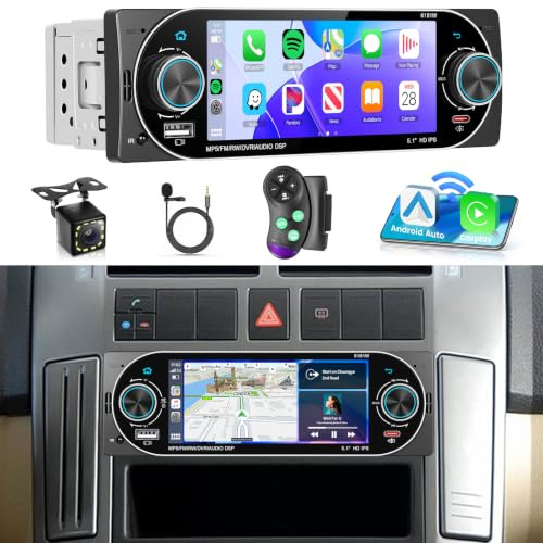Fuluku 5.1 Pollici Autoradio 1 Din con Senza Fili Carplay Android Auto | Touch Screen Radio con Bluetooth/USB/FM/AM/RDS/EQ/Mirror Link/Telecamera di Retromarcia/SWC/MIC