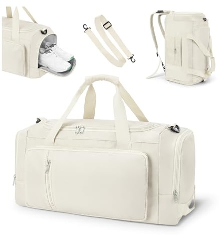 Sports Gym Bag Duffle Bag with Shoes Compartment for Womens Mens, CS COSDDI Weekend Travel Bag Overnight Bag with Wet Pocket, Luggage Bag Hospital Bag Holdall Bags with Shoulder Strap Backpack (Beige)