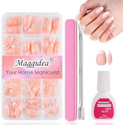 Maggidea Short Almond Press on Nails - 240Pcs Fake Nails Kit with Glue - Natural Look False Nails Full Cover Stick on - Easy Application Manicure Set for Women Girls