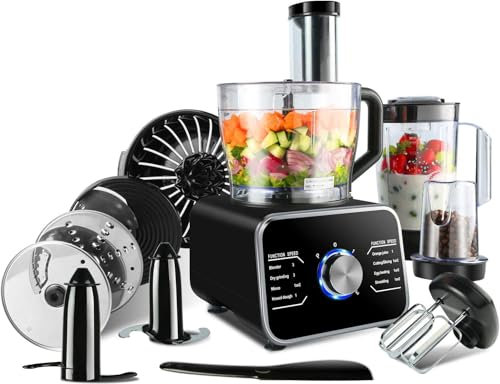 Multifunctional Food Processor with 3.2L Bowl & 1.5L Blender, Dough Hook, Citrus Juicer, Slicer, Grater & More, 1100W, BPA-Free, Black