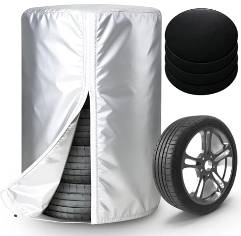 FreeTec Auto Reifentasche, 17-22 Zoll Reifenabdeckung Reifenschutzhülle Aufbewahrung für 4 Reifen, Sonnenschutz Winterabdeckung für Autoreifen Felgenbaum (80 x 117cm) (210D und 4 Matten)