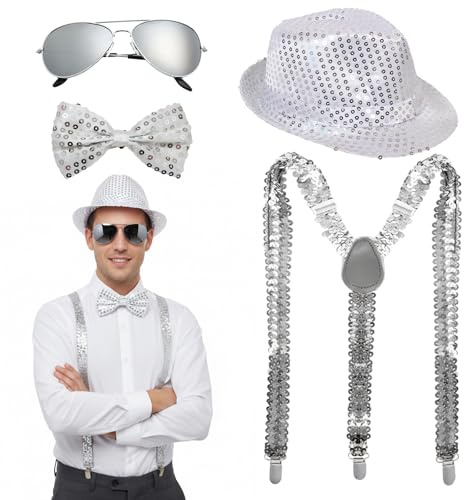 DqiUnaX Glitzer Outfit Herren, 4 Stück Pailletten Kostüm Set Mit Silber Jazz Hut, Hosenträger, Fliege Und Brille, Disco Outfit Für Fasching Party Dance Performance