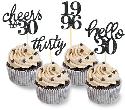 24 Pièces 30 Ans Anniversaire Décoration Cupcake Toppers (Noir-1996) | Décoration Anniversaire 30 Ans,30 ans Decoration Gateau Anniversaire,Scintillantes 30 Ans Cupcake Toppers
