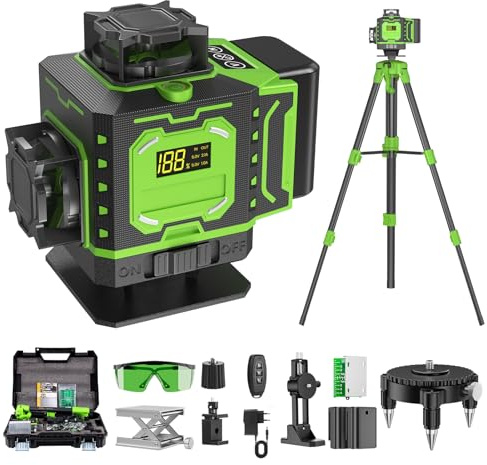 Livello Laser Cantiere Autolivellante 360° x 4 Con Treppiede, Lazer Livelli 4D 16 Linee Laser, Modalità Impulso Esterno, 2 x Batteria, Livellamento Automatico, Supporto Rotante, Telecomando