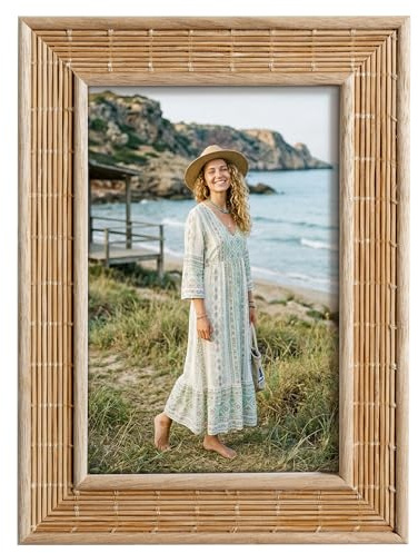 Afuly Bilderrahmen 10x15 Boho Bambus Fotorahmen Beige Rattan Picture Frame Tischrahmen Wand Hanging Deko Geburtstag Umzug Jahrestag Geschenke für Frauen Mama Papa Couple Freunde Familen