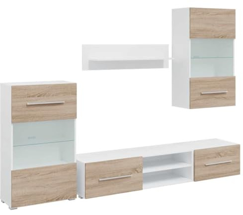 Foknhdi 5-TLG Wohnwand Sonoma-Eiche mit weißer LED TV Lowboard Set 120 x 39,5 cm flaches Sideboard und Wandschrank moderner Wohnzimmer Schrank platzsparend für Living Room