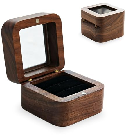 Mamiddle Walnuss Holz Ring Box Samt Soft Interieur Halterung Ohrringe Schmuck aus Holz Präsentation Box Fall für Vorschlag Verlobung Hochzeit Zeremonie (Quadrat-Fenster)