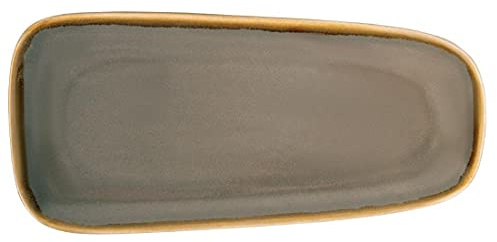 Olympia Kiln Porcelain Platter 260x115mm, Smoky Gray Pack of 6 | Edge chip warranty protected with a striking reactive glaze finish, hand painted rim, and an unglazed foot.