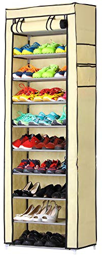 BAKAJI Scarpiera Armadio Salvaspazio 11 Ripiani 60x30x175cm Fino a 30 Paia di Scarpe Struttura Acciaio e Rivestimento in Tessuto TNT Impermeabile con Chiusura Zip Antipolvere (Beige)