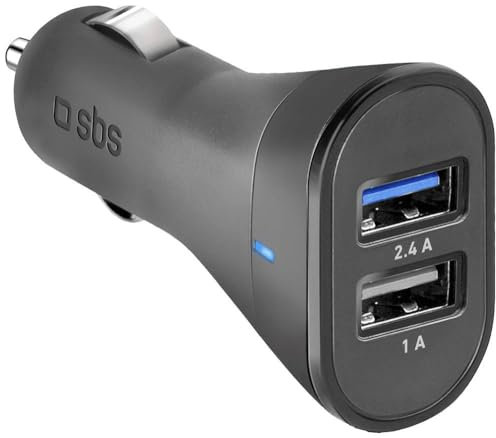 SBS Caricabatterie da auto a ricarica rapida da 12 Watt, Caricatore mini con due porte USB universali fino a 2.4A, Per presa 12V