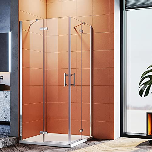 SONNI Cabine de douche 100 x 100 cm, entrée d'angle 195 cm, hauteur : verre transparent ESG 6 mm, porte à charnière, paroi de douche, 100 x 100 cm, entrée d'angle