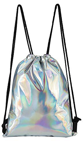 LYX Kordelzug Laser Rucksack, Weibliche Strahl Tasche Persönlichkeit Glänzend Reflective beiläufige PU-Beutel (35X45cm) (Color : Silber)
