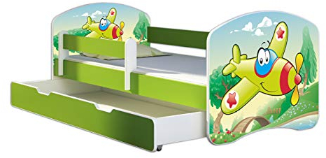 ACMA Kinderbett Jugendbett mit Einer Schublade und Matratze Grün mit Rausfallschutz Lattenrost II 140x70 160x80 180x80 (29 Flugzeug, 180x80 + Bettkasten)