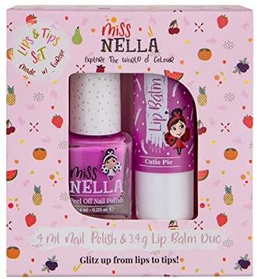 Miss Nella CUTIE PIE hypoallergener Lippenbalsam speziell für Kinder + Miss Nella BLUEBERRY SMOOTHIE abziehbarer Nagellack speziell für Kinder