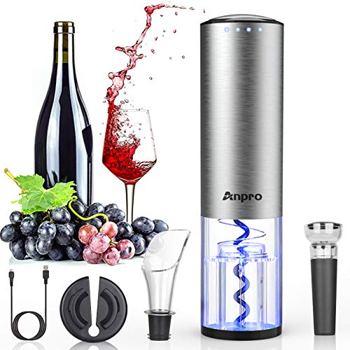 Anpro Korkenzieher Elektrisch, Elektrischer Korkenzieher Set, Automatische Weinöffner Flaschenöffner mit Folienschneider, Vakuum Stopper und Ausgießer, Silber