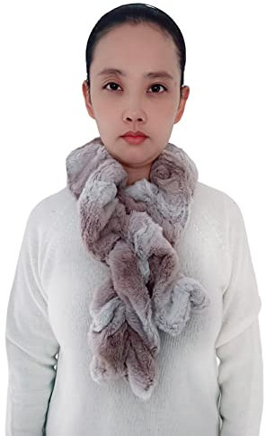 Lina & Lily Damen Winter Schal Halswärmer mit Rüschen aus Kunstpelz Fell (Khaki & Weiß)