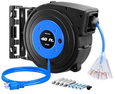 DEWENWILS Robuste Kabeltrommel, 10 m ausziehbares Verlängerungskabel, 12 AWG/3C SJTOW, 3 beleuchtete dreifache Ausgänge, 15 A Leistungsschalter, Wand-/Deckenmontage