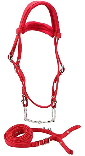 TopHomer Brida de Filete de Caballo con rienda, arnés de Cabestro de Caballo Ajustable Rojo, Cabezas de Caballo, Broca de Caballo con cojín Suave para Caballo (Grande, Rojo)
