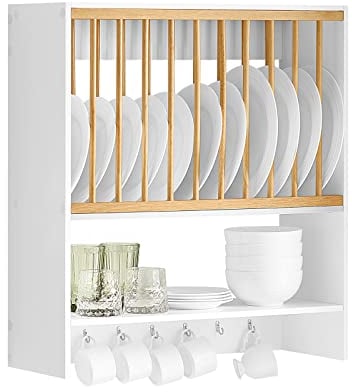SoBuy KCR09-W Escurreplatos Blanco de Pared Soporte para Platos Escurridor De Platos y Vasos con 1 Estante Adicional y 7 Ganchos 64 x 24 x 71 cm ES