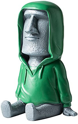 Lifexquisiter Osterinsel Moai Statue Dekor mit Smartphone Ständer, Retro Figur Skulptur Home Office Ornament mit Telefonhalter, Moai Statue mit grünem Mantel für Bücherregal Desktop Dekoration, Grau