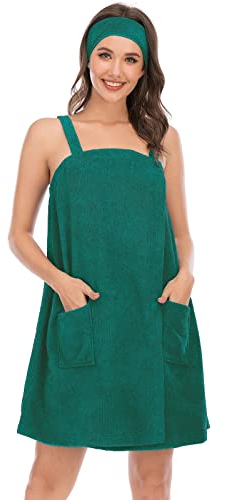 Jamron Damen Verstellbarer Handtuch Wickel Bademantel mit Stirnband für Sport, Dusche, Spa & Strand Cover Ups Dunkelgrün S