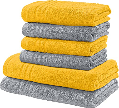 REDBEST Handtuchset, Frottierset New York 2-farbig 6-TLG. gelb-hellgrau - leichte, weiche Qualität, saugstark, sehr strapazierfähig, 100% Baumwolle (weitere Farben)