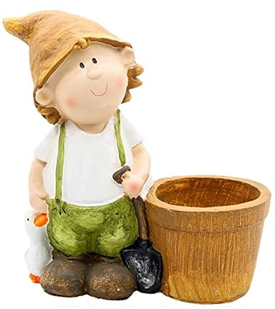 Wichtelstube-Kollektion XXL Gartenfigur Franz mit Blumentopf, Gartendeko Outdoor mit Pflanzkübel, liebevoll gestaltet, 33 x16 x 35 cm Deko Figuren Flur Balkon