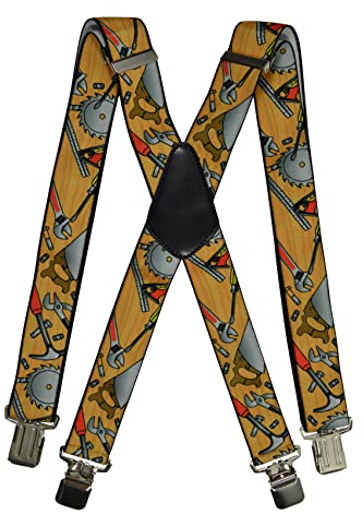 Olata Hosenträger mit Werkzeug-Muster – Robuste, Verstellbare X- und Y-Form, 5 cm Breit, Ideal für Arbeit und Alltag. Gelb, X-Form - 5 cm