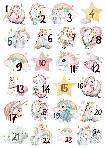 Adventskalender A3 und A4 Bügelbilder Bügelpatch Patches Motiv Einhorn Einhörner Winter Weihnachten Weihnachtsmotive zum Aufbügeln ad05 - ausgewählte Größe: *A4 Einzelmotivgröße ca. 4,5cm*