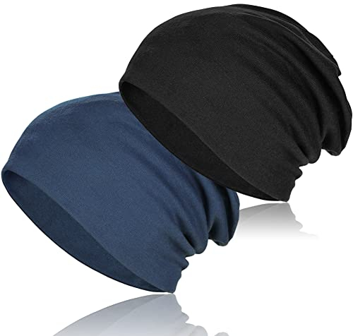 TSKNOMO 2 Stück weiche Baumwoll-Slouchy-Mütze, Dehnbare Beanie-Hüte Baggy Skull Cap Chemo-Hüte für Männer und Frauen