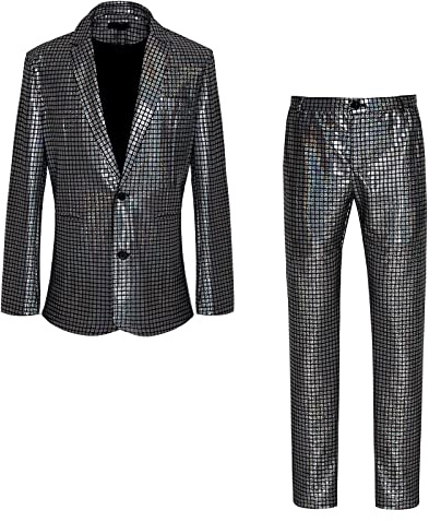 CARUHIF Herren 70er Jahre Disco Outfit Regenbogen Anzug Pailletten Jacke und Hose Halloween Partyanzug