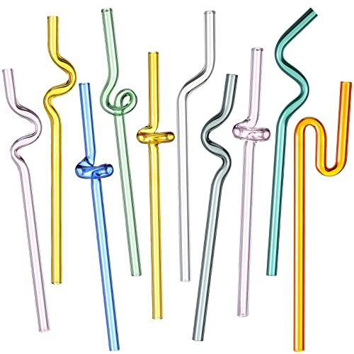 10 pajitas de vidrio con giros locos pajitas de colores transparentes lindas pajitas de vidrio reutilizables para beber bebidas, café, bebidas (bonitas)