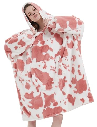 Decke Hoodie, Übergröße tragbare Decke für Erwachsene Frauen und Männer Geschenke, super gemütlich warm und weich Kapuze Decke Sweatshirt, rosa Kuh Druck Kunstfell Decke Sweatshirt mit großer Tasche