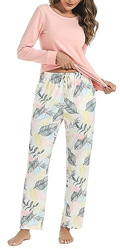 Litherday Pyjama Femme Hiver Ensembles de Pyjama Femme Coton Vêtement de Nuit à Manches Longues Tenue de Nuit à Carreaux Automne et Hiver,Imprimé Rose,XXL