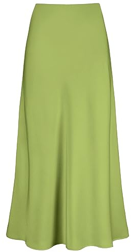Outoshe Women's Satin High Waisted Maxi Skirts Hidden Elasticized Waistband A Line Long Skirt, Apple Green, S