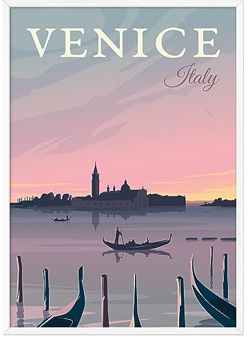 JUNOMI® Venedig Poster DIN A2 | Wohnzimmer Deko, Modernes Wandbild, Italien Bild, Reiseposter, Venedig Wandbild | Mit Rahmen Weiß