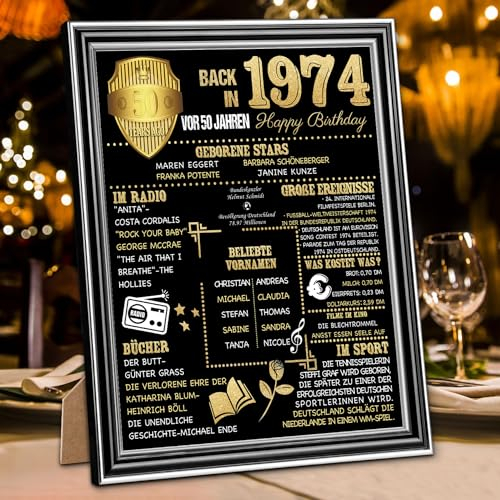Benjia Geschenk 50 Geburtstag - Back in 1974 Gerahmt Poster Germany - 50 Geburtstag Bilder Frauen & Männer - Tischbild und Wand-Bild Aufsteller - Persönliches Jubiläum Geschenk (20x25cm,Schwarz)