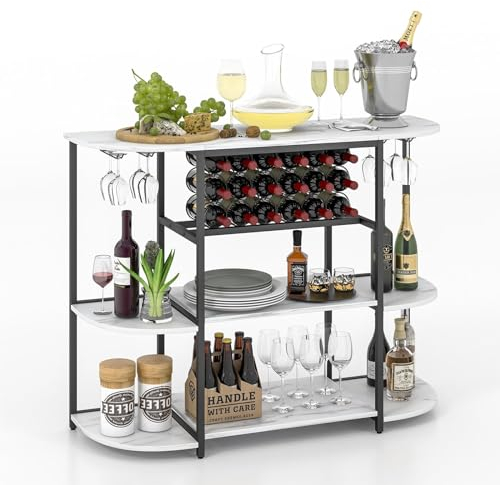 COSTWAY Meuble de Rangement à 3 Niveaux avec Casier de Vin et 4 Porte-Verre, Étagères de Vin pour 18 Bouteilles 8 Verres, Cadre en Métal, pour Cuisine, Salle à Manger, Salon,40 x 120 x 91 cm, Blanc