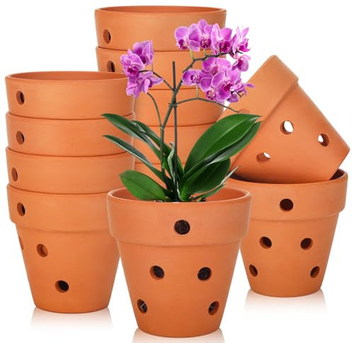 FoldTier 12 Stück 10,2 cm große Terrakotta-Orchideentöpfe mit Drainagelöchern, kleine Tonpflanze, Blumen, Terrakotta-Töpfe, Orchideen-Pflanzgefäß zum Umtopfen von Innen- und Außenbereich, Garten,